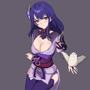 1girl absurdres animal animal_on_head armor bird bird_on_head blunt_bangs blush breasts bridal_gauntlets cleavage closed_mouth clothing_cutout commentary feizao genshin_impact grey_background hair_ornament head_tilt highres japanese_clothes kimono large_breasts light_smile lingerie long_hair neck_ribbon off_shoulder on_head purple_eyes purple_hair purple_kimono purple_thighhighs raiden_shogun red_ribbon red_sash ribbon sash shade shoulder_armor shoulder_cutout simple_background sitting solo thighhighs underwear upper_body