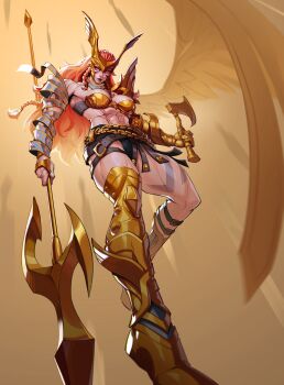 1girl abs absurdres angela_(marvel) armor asymmetrical_dual_wielding axe bikini bikini_armor black_panties braid breasts chain_belt commentary cross_scar dual_wielding english_commentary eyeshadow feathered_wings gold_armor gold_greaves highres holding holding_axe holding_polearm holding_weapon leg_tattoo long_hair looking_to_the_side luisdiegoart makeup marvel marvel_rivals medium_breasts muscular muscular_female orange_hair panties pauldrons polearm red_eyeshadow scar scar_on_stomach shoulder_armor single_pauldron single_wing solo strapless strapless_bikini swimsuit tattoo underwear weapon winged_headwear wings yellow_background yellow_eyes yellow_wings