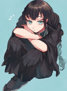 1boy alternate_hairstyle aqua_background aqua_hair black_hair black_jacket black_socks braid gradient_hair hair_between_eyes high_collar highres jacket kenpin kimetsu_no_yaiba long_hair looking_at_viewer male_focus multicolored_hair parted_lips sandals simple_background sitting socks solo teeth tokitou_muichirou trap two-tone_hair white_background