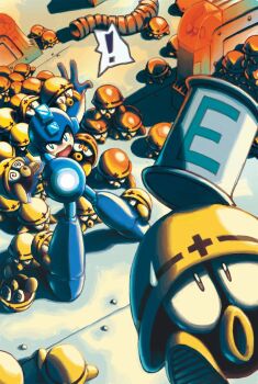 Rule 34 | !, 1boy, @ @, aiming, aiming at viewer, android, arm cannon, blue eyes, capcom, creature, from above, helmet, highres, looking at viewer, looking up, male focus, mega man (character), mega man (classic), mega man (series), nabenko, open mouth, outstretched arm, shaded face, solo, spoken exclamation mark, sweatdrop, tin, tin (container), weapon