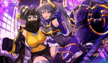 Rule 34 | 2girls, ahoge, bare shoulders, black hair, blonde hair, breasts, brown hair, cat mask, commentary request, commission, covered navel, duel monster, elbow gloves, forehead protector, gloves, gradient hair, green eyes, high heels, highres, hsin, i:p masquerena, large breasts, long hair, looking at viewer, mask, mechanical tail, multicolored hair, multiple girls, official alternate costume, ok sign, open mouth, ponytail, s-force rappa chiyomaru, s:p little knight, sidelocks, sleeveless, smile, tail, thighhighs, twintails, twitter username, watermark, yu-gi-oh!