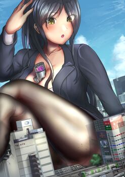 109_(department_store) 1girl :o black_hair black_pantyhose blush breasts building city crossed_legs destruction female_focus giant giantess hand_on_own_head highres large_breasts long_hair looking_down object_between_breasts office_lady original pantyhose shibuya_(tokyo) skirt solo tokyo_(city) train tuxedo_cat yellow_eyes