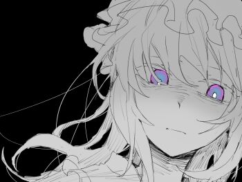 1girl black_background closed_mouth collared_dress commentary dated_commentary dress frilled_shirt_collar frills hat highres long_hair maribel_hearn mob_cap oriharareimu purple_eyes solo spot_color touhou white_hat