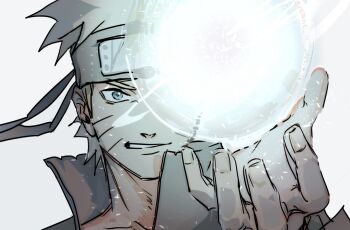 1boy black_headband blonde_hair blue_eyes commentary_request energy_ball facial_mark forehead_protector headband highres male_focus naruto_(series) naruto_shippuuden notane_n portrait rasengan smile solo uzumaki_naruto whisker_markings