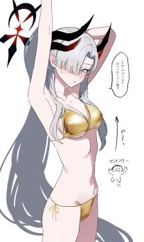 1boy 1girl absurdres alternate_costume bikini blue_archive blue_eyes blush doodle_sensei_(blue_archive) gold_bikini grey_hair halo highres horns long_hair makoto_(blue_archive) saiun_sigma sensei_(blue_archive) simple_background swimsuit twitter white_background