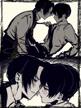 2boys axis_powers_hetalia blush china_(hetalia) closed_mouth clothes_grab collared_shirt commentary_request formal_clothes hair_between_eyes half-closed_eyes hand_up highres imminent_kiss japan_(hetalia) long_hair long_sleeves looking_at_another low_ponytail male_focus monochrome multiple_boys multiple_views necktie nniutrnykngig pants ponytail shirt short_hair simple_background sitting sweat teeth upper_body yaoi