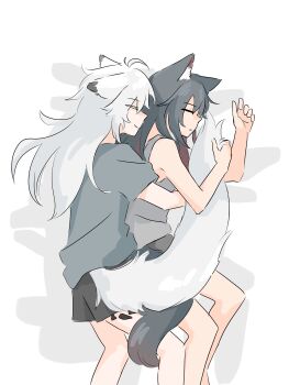 2girls absurdres animal_ears arknights black_hair black_shorts closed_eyes closed_mouth colored_inner_hair cuddling grey_shirt grey_tank_top highres hug hug_from_behind hugging_another's_tail hugging_tail l4m_3139 lappland_(arknights) long_hair material_growth multicolored_hair multiple_girls oripathy_lesion_(arknights) red_hair shirt shorts sleeping smile tail tank_top texas_(arknights) white_hair wolf_ears wolf_girl wolf_tail yuri