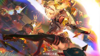 Rule 34 | 1girl, :q, absurdres, artist name, bangboo (zenless zone zero), black footwear, black jacket, black skirt, black thighhighs, blonde hair, burnice white, chinese commentary, chromatic aberration, dancing, eyewear on head, flamethrower, full body, guozhidongliang, high heels, highres, holding, holding flamethrower, holding weapon, jacket, long hair, looking ahead, open clothes, open jacket, outdoors, pig, red-tinted eyewear, red eyes, skirt, smile, solo, sunglasses, thighhighs, tinted eyewear, tongue, tongue out, watermark, weapon, weibo watermark, zenless zone zero