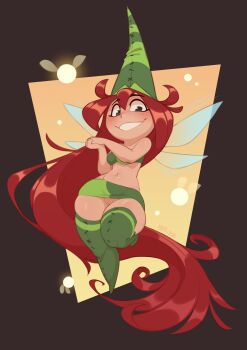 1girl absurdly_long_hair bandeau betilla_(rayman) conical_hat electoon_(rayman) green_bandeau green_hat green_skirt green_thighhighs grin hat highres huffslove long_hair looking_at_viewer microskirt own_hands_clasped own_hands_together pear-shaped_figure pussy rayman_(series) red_hair skirt smile solo thick_thighs thighhighs thighs very_long_hair wide_hips