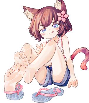 1girl :3 :q animal_ears barefoot blue_eyes blue_shorts brown_hair cat_ears cat_girl cat_tail chaosexceed closed_mouth commentary english_commentary feet flip-flops full_body hair_ornament highres original paid_reward_available sandals short_hair short_shorts shorts simple_background soles solo tail tank_top toes tongue tongue_out unworn_sandals white_background white_tank_top