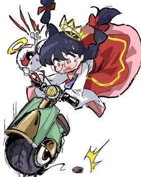 1girl absurdres black_hair bow braid crown driving glasses hair_bow halo highres kirby_(series) kirby_64 kirby_air_ride kirby_air_riders long_hair low_twin_braids nintendo one-eyed poyo_party purple_eyes red_bow red_eyes ripple_star_queen simple_background sleeves_past_fingers sleeves_past_wrists sweatdrop twin_braids wheelie_(kirby) white_background zero_two_(kirby)