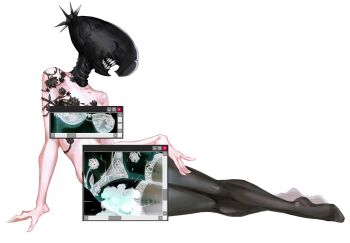 1girl absurdres arm_support black_thighhighs bomb_devil_(chainsaw_man) bra breasts chainsaw_man dromi999 highres negative object_head panties simple_background small_breasts solo teeth thighhighs underwear white_background