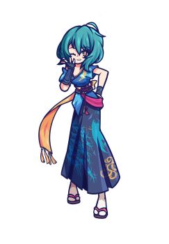 Rule 34 | ahoge, asymmetrical hair, commission, dead or alive, dead or alive 6, dead or alive xtreme, dead or alive xtreme venus vacation, full body, geta, green eyes, green hair, hand on own hip, highres, one eye closed, smallendu, tagme, tamaki (doa), white background, yellow eyes