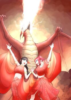 2girls absurdres beak bird black_hair breath_weapon cosplay crossover dancing dress energy energy_beam fire fire_rodan giant giant_monster godzilla_(series) godzilla_vs._mechagodzilla_ii godzilla_vs._mothra grin hand_up highres holding_hands horns kurosawa_dia kurosawa_ruby love_live! love_live!_sunshine!! midriff misma mouth_beam multiple_girls plasma plasma_beam red_dress red_hair rodan shobijin shobijin_(cosplay) siblings smile toho uranium_heat_beam wings