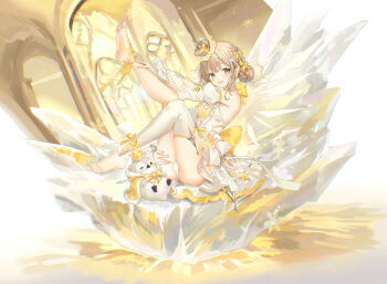 1girl :d animal arm_up barefoot bird blush bow brown_eyes brown_hair cloak commentary_request crown dedeko detached_pants detached_sleeves double_bun fur-trimmed_cloak fur-trimmed_hood fur_trim hair_bow hair_bun highres hood hooded_cloak leg_up leotard long_sleeves looking_at_viewer mini_crown open_mouth original puffy_long_sleeves puffy_sleeves smile snowflakes soles solo white_leotard white_sleeves yellow_bow yellow_cloak