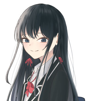 1girl black_hair black_jacket blazer blue_eyes closed_mouth collared_shirt commentary hair_ribbon highres jacket long_hair long_sleeves looking_at_viewer neck_ribbon red_ribbon ribbon satou_etsuo school_uniform shirt smile sobu_high_school_uniform solo upper_body white_shirt winter_uniform yahari_ore_no_seishun_lovecome_wa_machigatteiru. yukinoshita_yukino