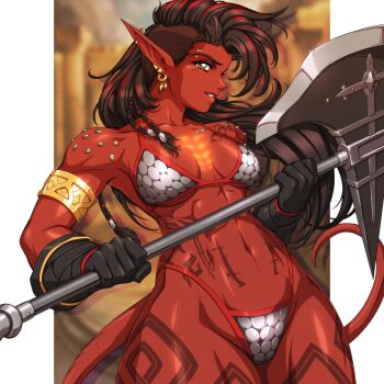1girl amazon_(dragon&#039;s_crown) amazon_(dragon&#039;s_crown)_(cosplay) armor axe baldur&#039;s_gate baldur&#039;s_gate_3 bikini bikini_armor black_hair breasts broken_horn colored_skin cosplay demon_girl demon_horns demon_tail dragon&#039;s_crown dungeons_&amp;_dragons gloves highres horns karlach long_hair multicolored_hair muscular muscular_female pointy_ears red_hair red_skin sirknightbot smile solo swimsuit tail tattoo tiefling two-tone_hair