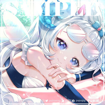 Rule 34 | 1girl, bangs pinned back, bare shoulders, blue bow, blue eyes, blurry, blurry background, blush, bow, breasts, closed mouth, commentary request, commission, day, depth of field, eyewear on head, from side, grey-framed eyewear, grey hair, hair bow, hair ribbon, horns, indoors, innertube, long hair, looking at viewer, lying, medium breasts, mini wings, on stomach, original, parted bangs, pupugigi, ribbon, sample watermark, smile, solo, swim ring, transparent wings, upper body, watermark, white ribbon, window, wings