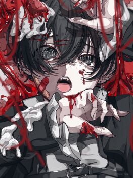 1boy @_@ aegyo_sal bandaid bandaid_on_cheek bandaid_on_face bishounen black_eyes black_hair black_jacket blurry blurry_foreground cake chest_belt cream_on_clothes cream_on_hair cross cross_earrings crossed_bandaids ear_piercing earrings fake_blood fangs fingernails food frilled_sleeves frills fruit gakuran hair_between_eyes hair_ornament hairclip hands_up isumisumi jacket jewelry ligne_claire long_sleeves looking_at_viewer lying male_focus on_back open_mouth original parallel_hairclips piercing raised_inner_eyebrows red_theme ring_piercing school_uniform sharp_fingernails shirt short_hair solo strawberry strawberry_shortcake twitter_username uneven_eyes wavy_eyes white_shirt