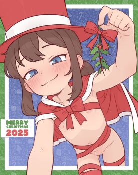 1girl 2025 a_hat_in_time blue_eyes blush brown_hair cape casytay closed_mouth commentary english_commentary flat_chest hat hat_kid highres holding loli looking_at_viewer merry_christmas mistletoe naked_ribbon navel ponytail red_cape red_hat red_ribbon ribbon santa_hat short_cape short_hair solo