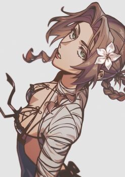 Rule 34 | 1girl, aerith gainsborough, bandaged arm, bandaged neck, bandages, braid, braided hair rings, breasts, brown hair, cosplay, final fantasy, final fantasy vii, final fantasy vii: ever crisis, flower, green eyes, hair flower, hair ornament, hair rings, highres, kaine (nier), kaine (nier) (cosplay), lunar tear, nier, nier (series), official alternate costume, official alternate hairstyle, seilidare, solo, upper body