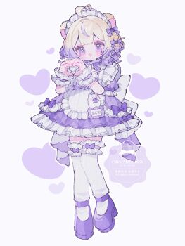 Rule 34 | 1girl, :d, ahoge, apron, back bow, blonde hair, blunt bangs, blush, bow, bow legwear, bowtie, commentary, commission, double-parted bangs, dress, frilled apron, frilled dress, frilled sleeves, frilled thighhighs, frills, full body, hair bow, heart, heart ahoge, heart hands, highres, iriam, maid, maid headdress, multicolored hair, open mouth, purple bow, purple bowtie, purple dress, purple eyes, purple hair, purple shoes, ranmei amumu, shoes, short hair, short sleeves, simple background, skeb commission, smile, solo, standing, thighhighs, two-tone hair, upache, virtual youtuber, watermark, white apron, white background, white bow, white thighhighs