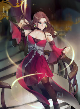 1girl breasts brown_hair cleavage collarbone dorothea_arnault dorothea_arnault_(timeskip) dress earrings fire_emblem fire_emblem:_three_houses green_eyes jewelry large_breasts long_hair nintendo red_dress solo
