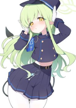 1girl armband black_tail blue_archive blue_armband commentary_request cowboy_shot demon_tail gloves green_hair green_halo halo hat highres hikari_(blue_archive) jacket long_hair long_sleeves looking_at_viewer midriff pantyhose parted_lips peaked_cap pointy_ears rabbit_pose sidelocks solo tail thighs tonikaku_kaku white_gloves white_pantyhose yellow_eyes