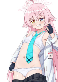 1girl absurdres ahoge black_gloves blue_archive blue_eyes bra fingerless_gloves fuseato gloves halo heterochromia highres hoshino_(blue_archive) loli long_hair navel necktie panties pink_hair shirt simple_background skirt smile solo underwear white_background white_panties