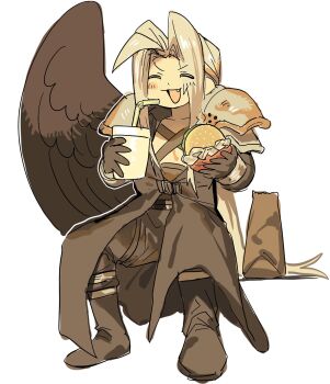 1boy armor black_boots black_coat black_gloves black_wings blush boots burger chest_strap closed_eyes coat cup disposable_cup drinking_straw eyes_visible_through_hair fang feathered_wings final_fantasy final_fantasy_vii food full_body gloves grey_hair hattouissenbaka highres holding holding_burger holding_cup holding_food invisible_chair long_bangs long_hair male_focus open_mouth parted_bangs sephiroth shoulder_armor single_wing sitting solo white_background wings