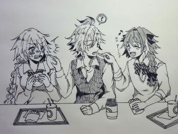 1girl 2boys ? ahoge astolfo_(fate) bisexual_male blush bow bowtie braid breasts burger closed_eyes commentary_request cup fang fate/apocrypha fate_(series) food french_fries greyscale hair_between_eyes hair_ornament hair_ribbon hand_on_table handkerchief highres holding holding_food jeanne_d'arc_(fate) jeanne_d'arc_(ruler)_(fate) long_braid long_hair long_sleeves looking_at_another male_focus medium_breasts monochrome multicolored_hair multiple_boys multiple_girls musical_note naruzane necktie ribbon scarf sharing sharing_food shirt short_hair sieg_(fate) single_braid spoken_question_mark striped_bow striped_bowtie striped_clothes striped_neckwear table translation_request trap tray two-tone_hair uniform very_long_hair vest waistcoat