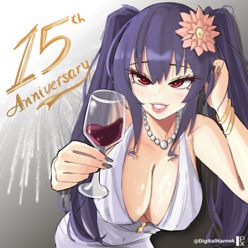 1girl adjusting_hair alternate_costume anniversary arm_up bare_shoulders black_hair breasts choujigen_game_neptune cleavage collarbone commentary_request cup digitalharnok dress drinking_glass evening_gown flower hair_between_eyes hair_flower hair_ornament halter_dress halterneck highres holding holding_cup jewelry large_breasts light_blush long_hair looking_at_viewer necklace neptune_(series) noire_(neptunia) open_mouth pearl_necklace pink_lips pixiv_logo red_eyes sleeveless sleeveless_dress smile solo teeth twintails twitter_username twitter_x_logo upper_body white_dress