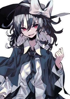 1girl alternate_eye_color black_bow black_capelet black_hair black_necktie black_skirt bow buttons capelet collar fang hair_between_eyes hat hat_bow highres long_sleeves looking_at_viewer medium_hair muraryo necktie open_mouth red_eyes shirt skirt sleeve_cuffs solo touhou usami_renko white_bow white_collar white_hat white_shirt wide_brim