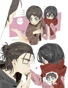 !? 1girl 2boys absurdres angry aqua_eyes black_hair brown_hair brown_jacket cardigan child closed_eyes commentary dress eren_yeager grey_shirt hair_between_eyes hair_bun highres jacket jealous kiss kissing_hand light_blush looking_at_another medium_hair mikasa_ackerman multiple_boys negiii_to_1 parted_bangs pink_background pink_cardigan red_scarf scarf shingeki_no_kyojin shirt short_hair sweatdrop symbol-only_commentary time_paradox updo white_dress