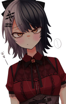 Rule 34 | ..., 1girl, :t, black hair, black ribbon, blush, breasts, closed mouth, collared dress, commentary, dress, dutch angle, english commentary, furrowed brow, grey hair, hair ornament, highres, hololive, hololive english, looking at viewer, medium breasts, multicolored hair, natsume mina, neck ribbon, official alternate costume, pout, red dress, ribbon, shiori novella, shiori novella (casual), short sleeves, simple background, solo, split-color hair, translated, two-tone hair, upper body, virtual youtuber, white background, yellow eyes