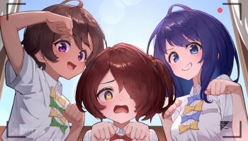 3girls :d @_@ ahoge blue_bow blue_bowtie blue_eyes blue_hair blue_sky blush bow bowtie brown_hair chinese_commentary collared_shirt colored_eyelashes commentary dark-skinned_female dark_skin dated day dongyang_kissoml downturned_eyes dress_shirt embarrassed eyes_visible_through_hair furrowed_brow green_bow green_bowtie grin hair_between_eyes hair_over_one_eye hands_up highres indoors komari_chika looking_at_viewer make_heroine_ga_oo_sugiru! medium_hair multiple_girls one_side_up open_mouth paw_pose portrait pun purple_eyes recording red_bow red_bowtie school_uniform shirt short_hair short_sleeves sky smile smug taking_picture tareme thick_eyebrows tsuwabuki_high_school_uniform upper_body v-shaped_eyebrows viewfinder white_shirt window yakishio_lemon yanami_anna yellow_bow yellow_bowtie yellow_eyes