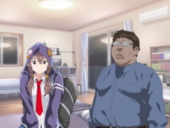 1boy 1girl anime_coloring bag blue_shirt blue_skirt blush brown_eyes brown_hair closed_mouth collared_shirt double_chin eri_(mayoineko_o_tomeyou) facial_hair fat fat_man game_asset glasses hair_between_eyes hair_over_shoulder hands_in_pockets holding holding_bag hood hood_up hooded_jacket indoors jacket long_hair low_twintails mayoineko_o_tomeyou necktie nighthawk non-web_source official_art opaque_glasses open_clothes open_jacket purple_jacket red_necktie school_bag school_uniform self-datamine shirt short_hair side-by-side sidelocks skirt smile standing twintails ugly_bastard upper_body very_short_hair visual_novel_cg white_shirt