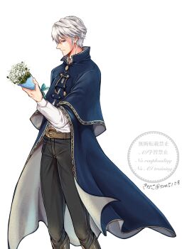 1boy absurdres belt black_pants blue_cloak bouquet brown_belt cloak closed_mouth fire_emblem fire_emblem_awakening flower highres holding holding_bouquet kinako_5108 long_sleeves male_focus male_robin_(fire_emblem) nintendo pants shirt short_hair simple_background smile solo white_background white_hair white_shirt