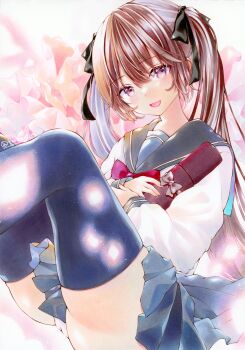 1girl absurdres black_ribbon black_thighhighs bow bowtie brown_eyes brown_hair commentary_request diploma_tube grey_sailor_collar grey_skirt hair_between_eyes hair_ribbon highres knees_up long_bangs long_hair long_sleeves looking_at_viewer marker_(medium) open_mouth original panties red_bow red_bowtie ribbon sailor_collar school_uniform serafuku shirt sitting skirt smile solo tentekomai_(tenteko0214) thighhighs traditional_media twintails underwear white_panties white_shirt