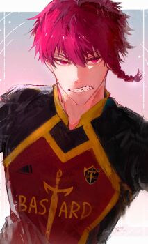 Rule 34 | 1boy, absurdres, bastard munchen soccer uniform, blue lock, braid, clenched teeth, collared shirt, commentary request, highres, kurona ranze, looking at viewer, male focus, pink eyes, pink hair, red 0217, sharp teeth, shirt, short hair, side braid, single braid, soccer uniform, solo, sportswear, teeth, twitter username, upper body