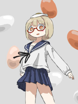 1girl food food_on_head fried_egg glasses looking_at_viewer object_on_head open_mouth orange_eyes school_uniform shimeji_simulation short_hair simple_background solo standing yamashita_majime
