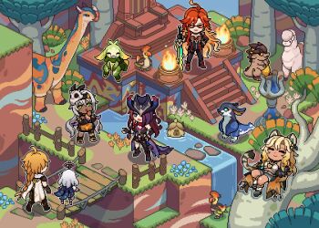 1boy 5girls :d :o absurdres aether_(genshin_impact) ahoge animal_ears biker_clothes bikesuit black-framed_eyewear black_bodysuit black_footwear black_gloves black_hat black_shirt black_shorts blonde_hair blue_cape blue_eyes bodysuit bridge cape chasca_(genshin_impact) closed_eyes commentary crop_top dark-skinned_female dark_skin day english_commentary finger_to_mouth fingerless_gloves fire floating foot_out_of_frame from_behind genshin_impact gloves green_eyes hair_between_eyes hair_over_one_eye halo hand_on_own_hip hat highres holding holding_weapon iansan_(genshin_impact) jaguar_ears jaguar_girl jaguar_tail koholasaurus_(genshin_impact) long_hair looking_at_another looking_at_viewer lying lying_on_branch mavuika_(genshin_impact) medium_hair multicolored_hair multiple_girls official_art on_back open_mouth paimon_(genshin_impact) pixel_art ponytail ppyok_1017 purple_hair red_hair second-party_source semi-rimless_eyewear shirt shorts sitting smile standing sunglasses tail tepetlisaurus_(genshin_impact) tree very_long_hair walking water waterfall weapon white_cape white_hair wooden_bridge xilonen_(genshin_impact) yumkasaurus_(genshin_impact)