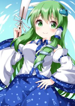 Rule 34 | 1girl, bare shoulders, blue background, blue skirt, breasts, closed mouth, commentary request, cowboy shot, detached sleeves, dutch angle, frog hair ornament, from below, gohei, gradient background, green eyes, green hair, hair between eyes, hair ornament, hair tubes, hand on own hip, hand up, highres, holding, holding stick, kochiya sanae, large breasts, long hair, looking at viewer, nervous smile, one-hour drawing challenge, ribbon-trimmed sleeves, ribbon trim, ruu (tksymkw), shirt, sidelocks, simple background, skirt, smile, snake hair ornament, solo, stick, touhou, very long hair, white shirt