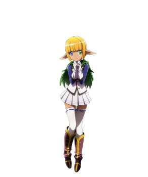 1boy anime_coloring blonde_hair blue_eyes blunt_bangs cape crossdressing dark_skin elf full_body gloves green_cape green_eyes heterochromia highres looking_at_viewer mare_bello_fiore official_art overlord_(maruyama) pleated_skirt pointy_ears short_hair simple_background skirt smile solo standing tasaki_satoshi thighhighs transparent_background trap vest white_gloves white_skirt white_vest