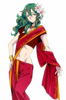 1boy bracelet check_flower collarbone covered_erect_nipples crop_top crossdressing crossdressing_(mtf) curtained_hair double-parted_bangs earrings eyeliner facing_viewer feet_out_of_frame flower flower_request gold_bracelet gold_earrings gold_necklace green_eyes green_hair groin hair_between_eyes hair_flower hair_ornament hair_over_shoulder hand_on_own_hip hip_bones hoop_earrings indian_clothes jewelry legs_together light_smile long_hair looking_at_viewer makeup makishima_yuusuke male_focus mole mole_under_eye mole_under_mouth multicolored_hair multiple_moles navel_piercing necklace orange_eyeliner orange_hair outstretched_arm pale_skin pectoral_cleavage pectorals piercing raised_inner_eyebrows ribs ring sari short_sleeves simple_background skinny solo streaked_hair tareme trap wavy_hair white_background white_lily yamada_3 yowamushi_pedal