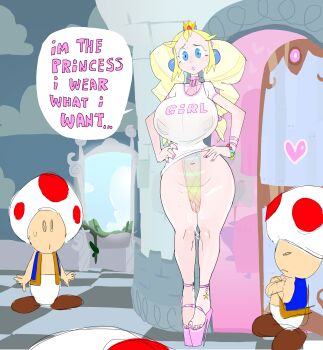 1girl absurdres bare_legs bimbo_peach blonde_hair blue_eyes bracelet breasts collar covered_erect_nipples covered_navel crown door earrings english_text fishnet_leotard fishnets hands_on_own_hips heart high_heels highleg highres indoors jewelry large_breasts leotard long_hair mario_(series) monstrousfrog nintendo pink_collar pink_nails platform_footwear platform_heels princess_peach speech_bubble spiked_collar spikes stiletto_heels tile_floor tiles toad_(mario) twintails