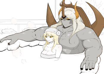 Rule 34 | 1boy, 1girl, black sclera, blonde hair, breasts, bright pupils, closed mouth, colored sclera, colored skin, grey skin, highres, horns, long hair, longan dragon cookie, medium breasts, muscular, muscular male, onsen, size difference, snake fruit cookie, sweat, towel, towel on head, towel over breasts, u sero, white pupils, yellow sclera