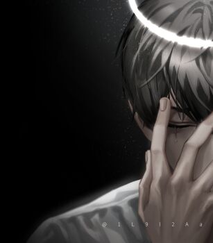 1boy black_hair blackbox_(blackbox9158) closed_eyes coat commentary crying halo hand_on_own_face highres male_focus omniscient_reader's_viewpoint short_hair solo split_screen spread_fingers symbol-only_commentary tears thumbnail_collage white_coat