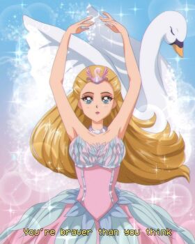 1990s_(style) 1girl :o animal animification armpits arms_up ballerina ballet barbie_(character) barbie_(franchise) barbie_of_swan_lake bird blonde_hair blue_eyes brenni_murasaki caption corset dress eyebrows eyelashes feather_dress feather_skirt feathers female_focus jewelry lips long_hair looking_at_viewer necklace odette_(barbie) odette_(swan_lake) parted_lips pastel_colors retro_artstyle solo sparkle_background swan swan_lake tiara tutu upper_body