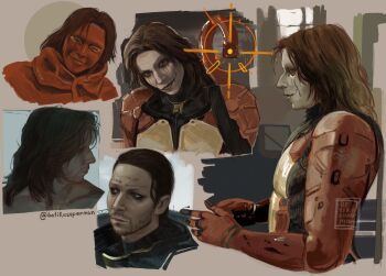 Rule 34 | 1boy, armor, be1ikesuperman, black hair, breastplate, brown hair, commentary, death stranding, english commentary, facepaint, head tilt, higgs (death stranding), highres, male focus, multiple views, official alternate costume, shoulder pads, upper body, wavy hair